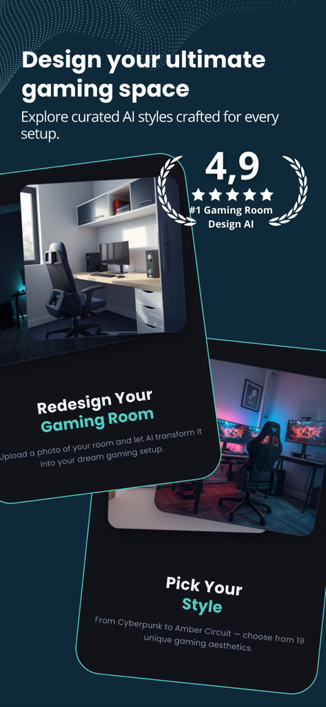 Game Room AI Designer - Game Room AI Designer app interface showing AI-powered gaming room redesign styles and a top rating