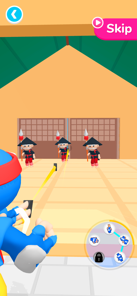 Ninja Hands 2 - A first person view of a ninja aiming at three enemy guards using a hand sign combo in Ninja Hands 2
