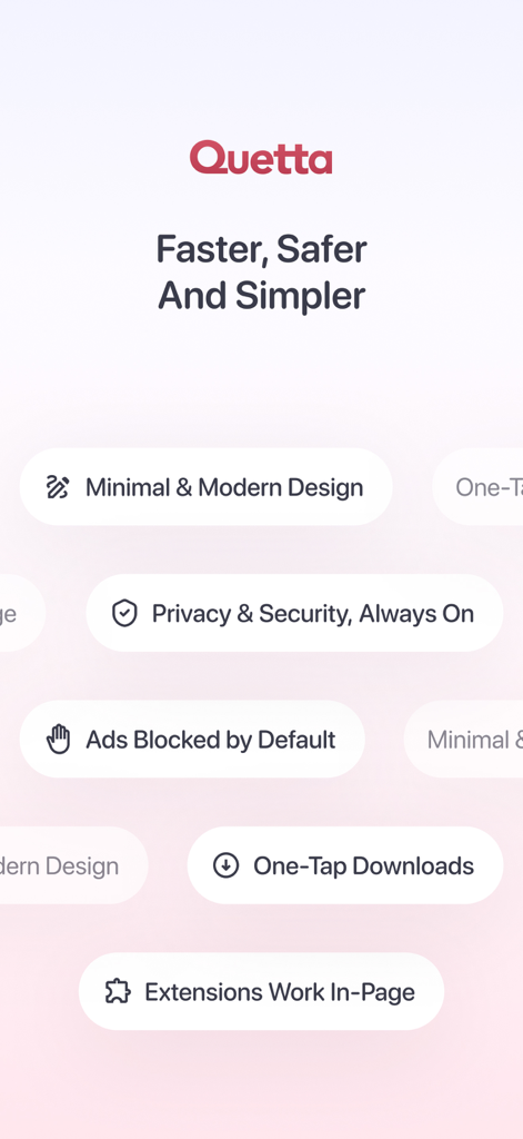 Pantalla de la aplicación del navegador Quetta que muestra el resumen de funciones de bloqueo de anuncios, privacidad, seguridad y descargas con un solo toque.