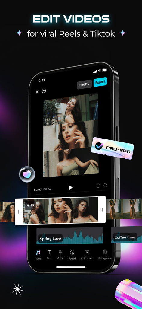 Add Music to Video - Muvi - Interface de l'application Muvi montrant les outils de montage vidéo pour TikTok et Instagram Reels avec musique et effets
