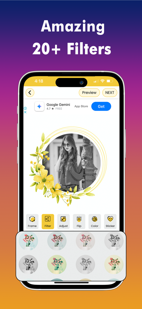 Social Profile Maker - Interfaz de la aplicación Social Profile Maker mostrando más de veinte filtros para fotos de perfil