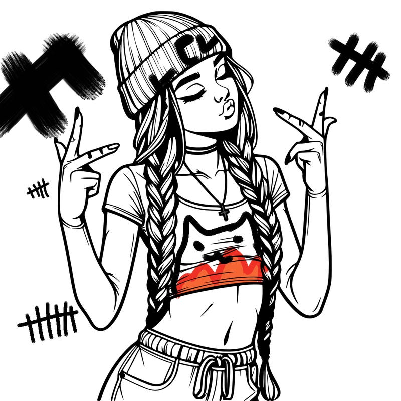 realistic teenage girl with braids and a beanie and crop top doing 🫶🏼