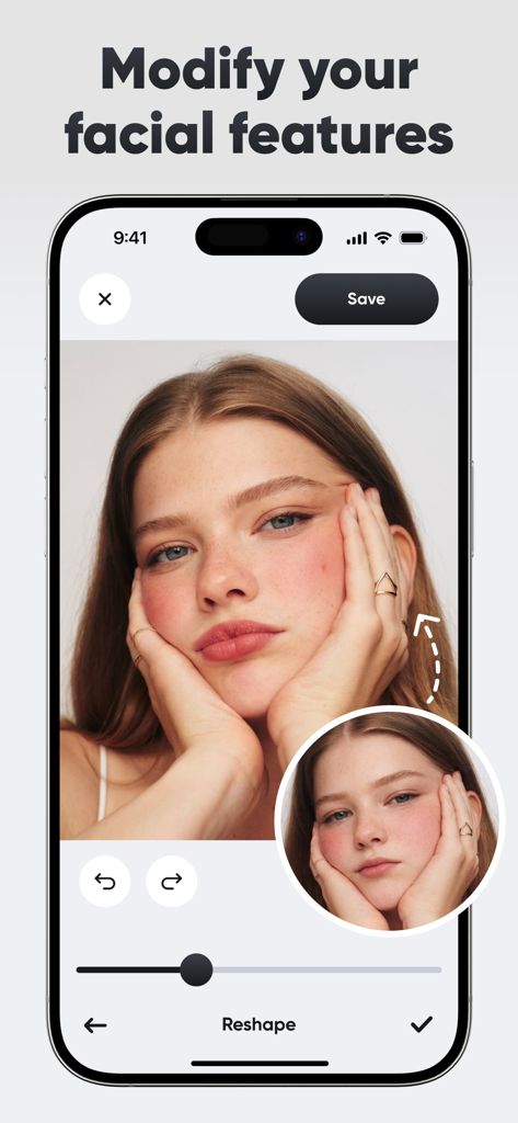 A mobile interface showing the facial reshaping and contouring tools of a photo editing app