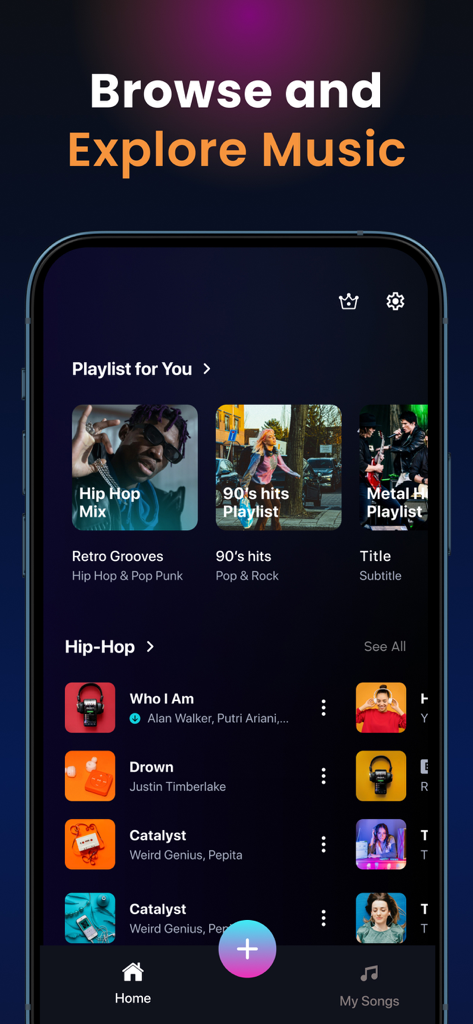 Interfaccia dell'app Suno AI per navigare playlist musicali e canzoni