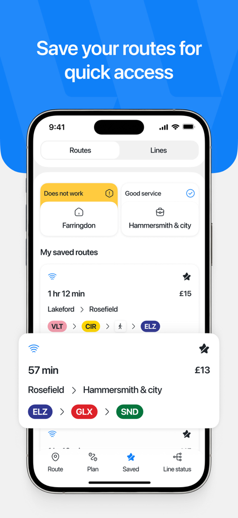 London Underground Planner - Smartphone screen showing saved travel routes and line status in the London Underground Planner app