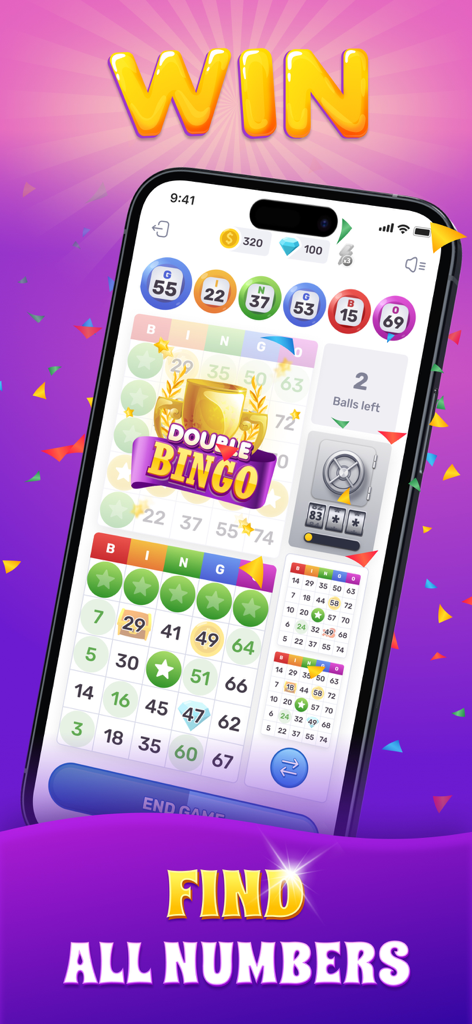 Bingo Lotto－Lucky Lottery Card - Gameplay screenshot of Bingo Lotto app showing a double bingo win notification and active cards on a smartphone