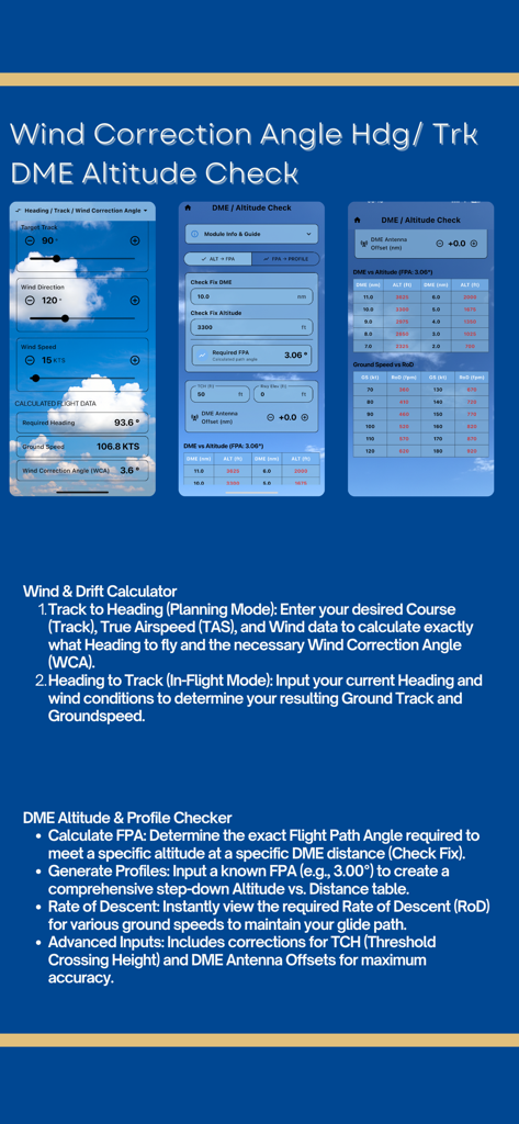 Capturas de pantalla de la aplicación de aviación que muestran herramientas de ángulo de corrección de viento y verificación de altitud DME para pilotos