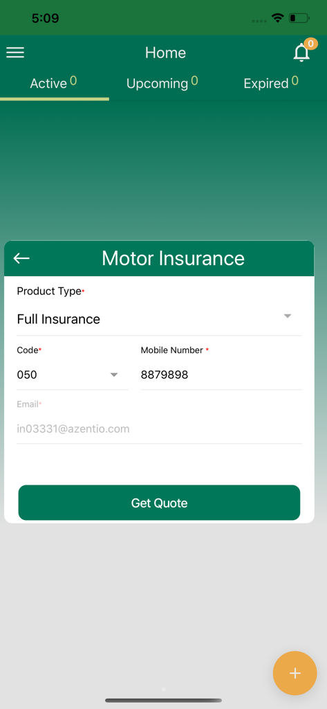 AFNIC App - AFNIC app screen for getting a motor insurance quote