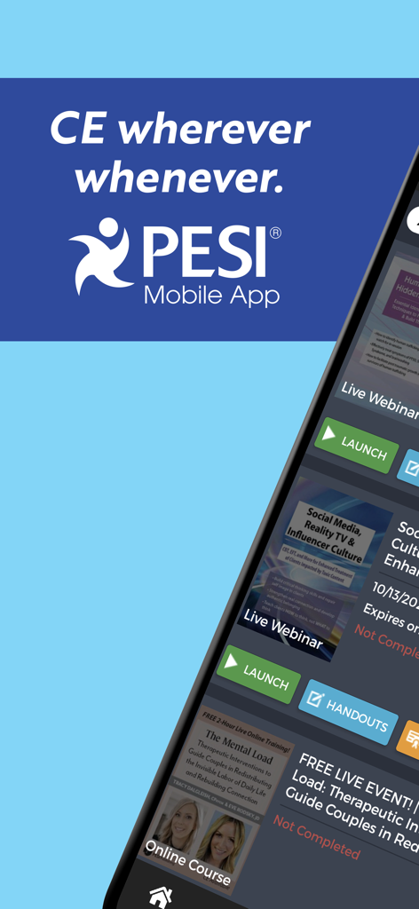 PESI - 지속적인 교육 웨비나 및 온라인 강좌를 표시하는 PESI 모바일 앱 인터페이스