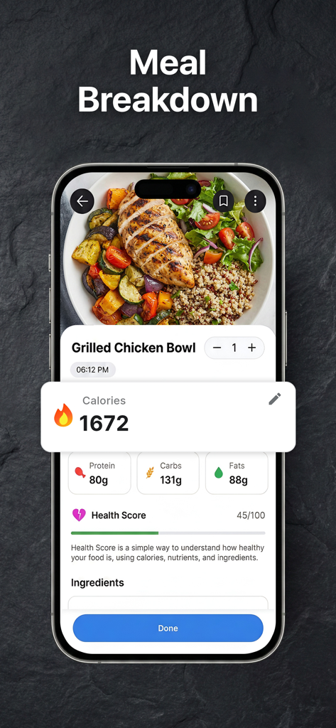 AI Calorie Counter - Scan Food - Tela do aplicativo Contador de Calorias por IA mostrando uma análise nutricional para uma tigela de frango grelhado, incluindo calorias e rastreamento de macronutrientes.