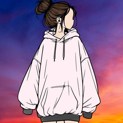 realistic girl with a oversized sweatshirt on and a bun