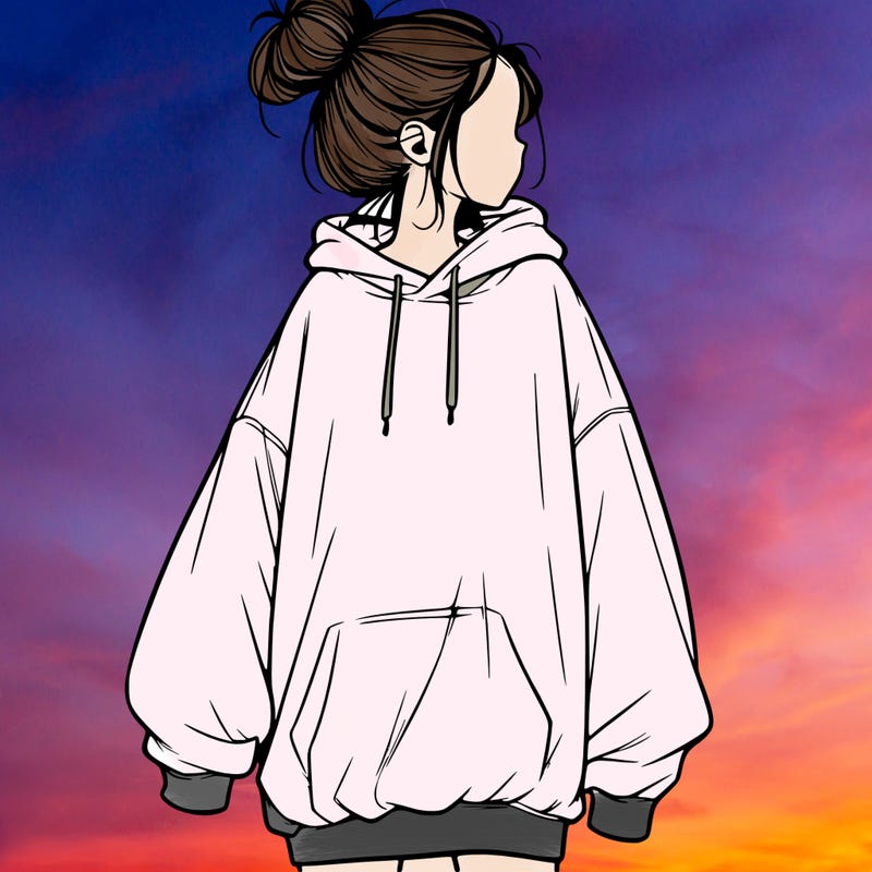 realistic girl with a oversized sweatshirt on and a bun
