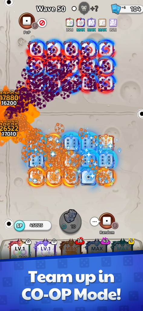 Captura de pantalla del juego de Random Dice Defense mostrando a dos jugadores colaborando en Modo Cooperativo durante una incursión de jefe en la oleada 50.