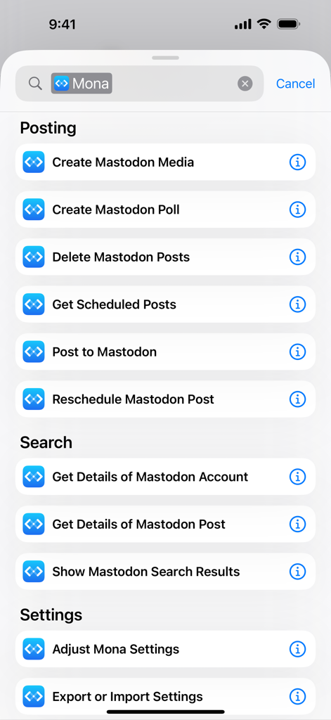 Mona Classic - A list of iOS Shortcuts actions for the Mona Classic app including Mastodon posting and search options