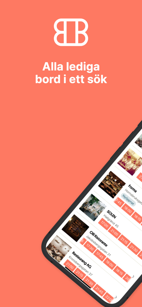 BokaBord - Restaurants - BokaBord app splash screen and restaurant listing showing available reservation times in Sweden.
