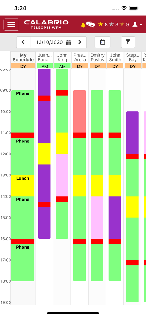 Daily team schedule view in the Calabrio WFM MyTime app displaying color-coded shifts and activities for multiple employees