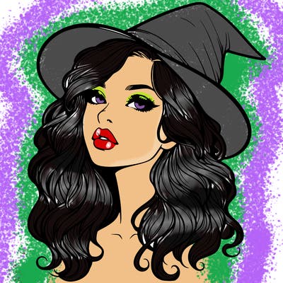 realistic witch girl with wavy hair and lips