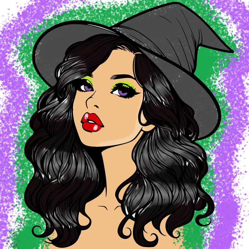 realistic witch girl with wavy hair and lips
