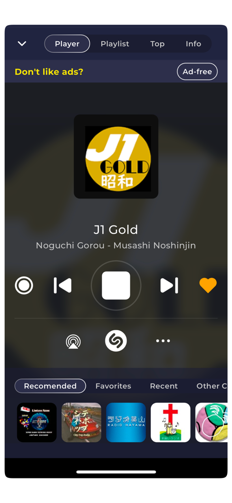 Radio Japan Live app player screen showing J1 Gold station with playback controls and song info
