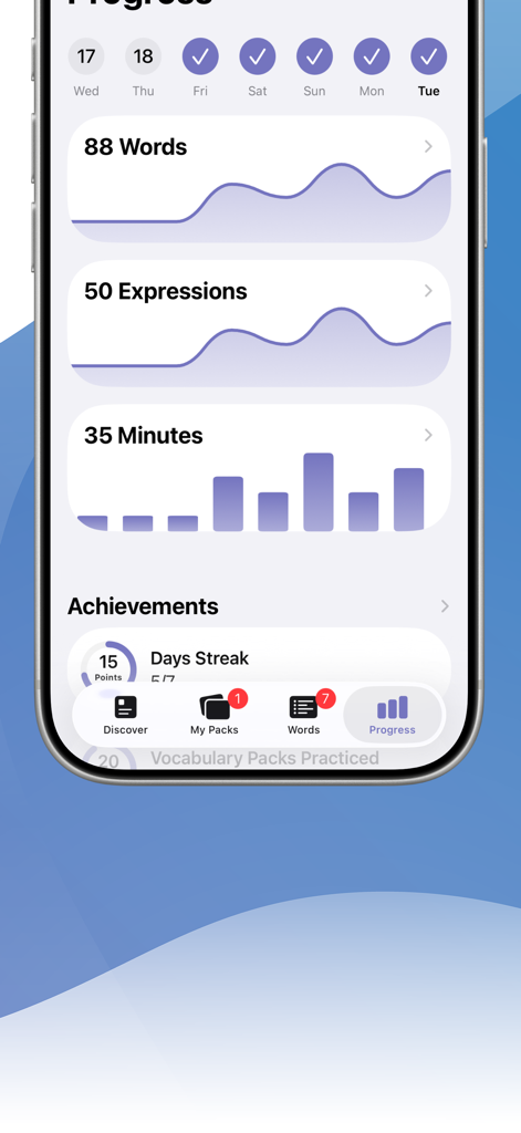 Panel de la aplicación que muestra el progreso de aprendizaje de palabras, expresiones y rachas diarias