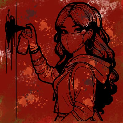 realistic girl with mask spray painting a wall