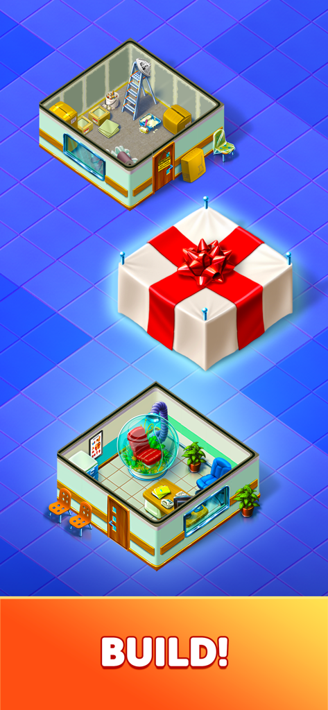 My Hospital: Decorate and Heal - 다양한 병실과 '건설' 텍스트 오버레이가 있는 큰 선물 상자의 아이소메트릭 뷰