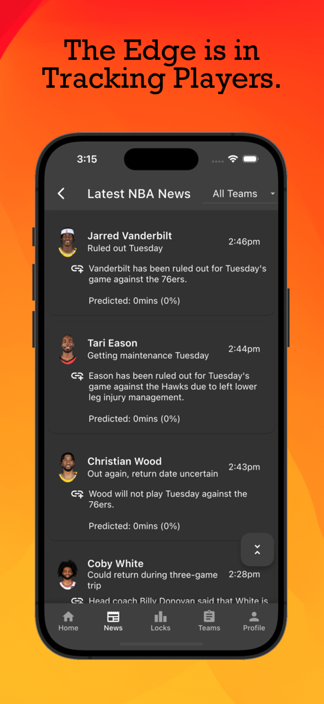 The Linda Report mobile app displaying real time NBA player injury news and machine learning availability predictions