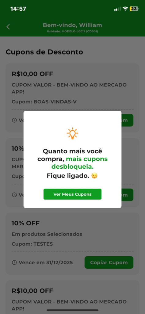 MercadoApp | E4 Go - Mobile app screen showing discount coupons and a promotional popup about unlocking more rewards