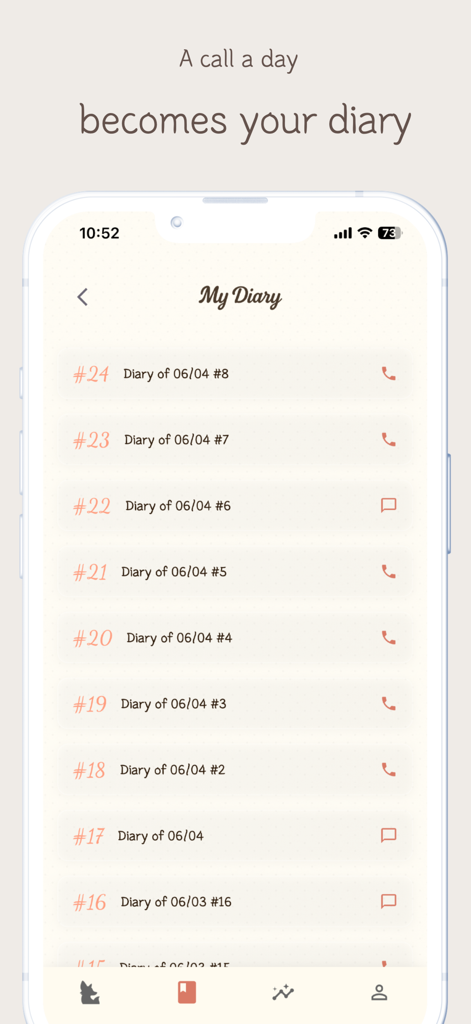 Callog - AI Diary - A chronological list of voice and text diary entries in the Callog app interface