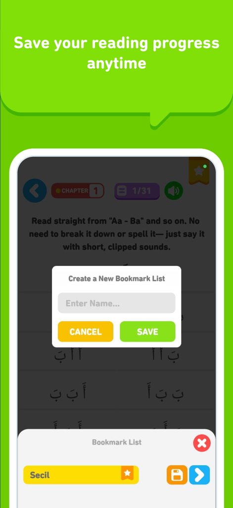 The bookmark feature interface in the Iqro Learn Al-Quran Kids app allowing users to save their reading progress.