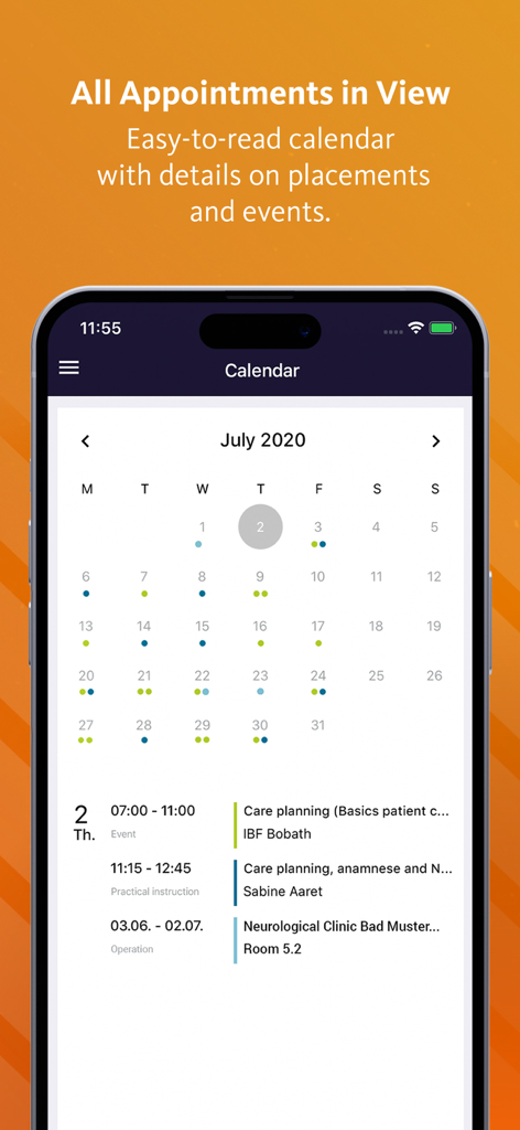 easySoft App Education - Mobile calendar view in easySoft App Education showing monthly training schedules and daily appointment details for trainees