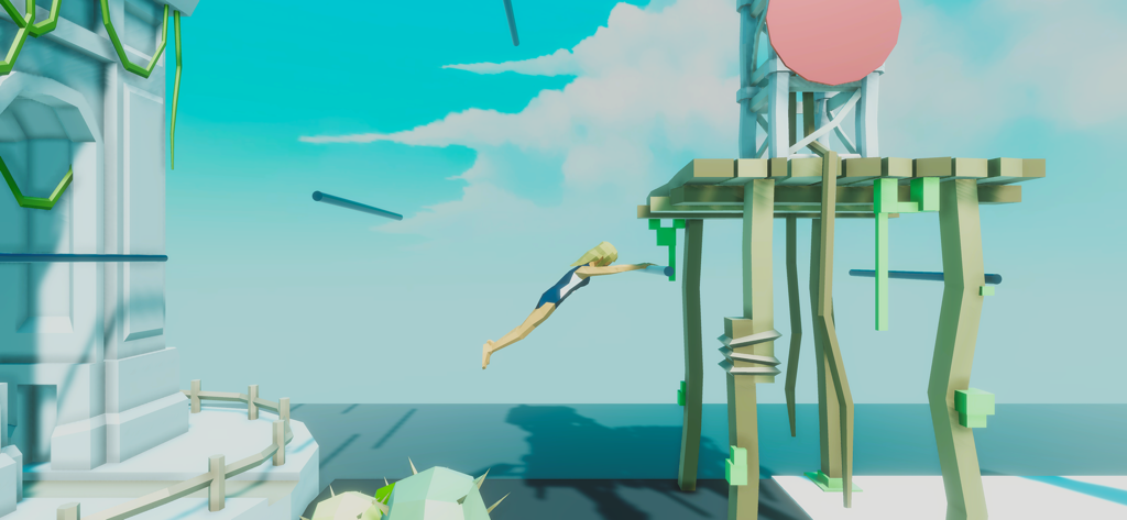 A gymnast character jumping between high bars in a sunny outdoor gymnastics game