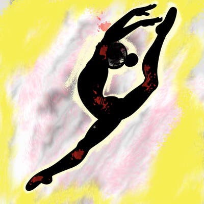 gymnast doing a leap in a leotard with a bent back leg