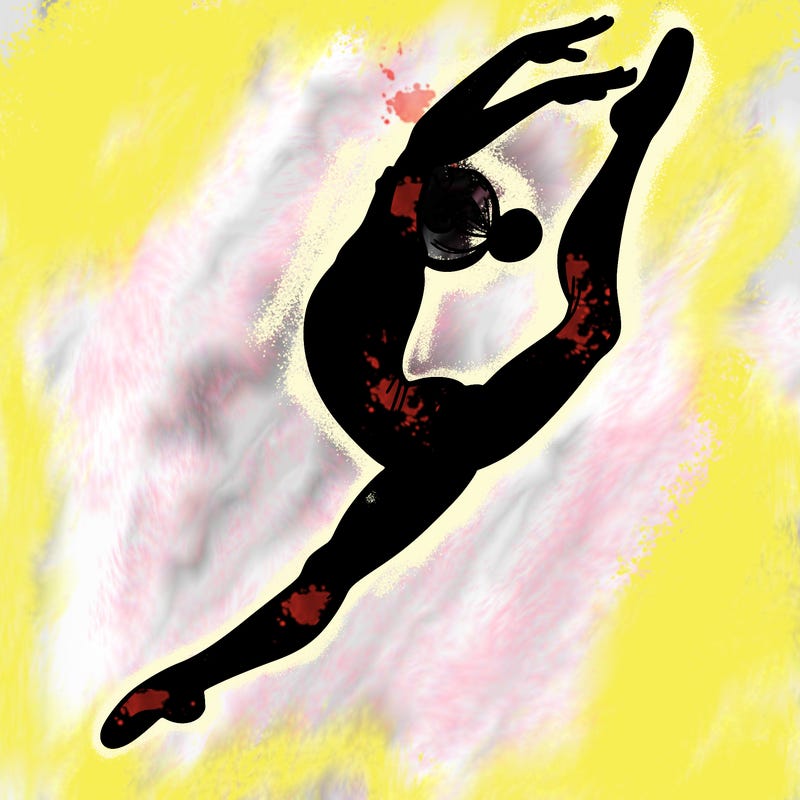 gymnast doing a leap in a leotard with a bent back leg