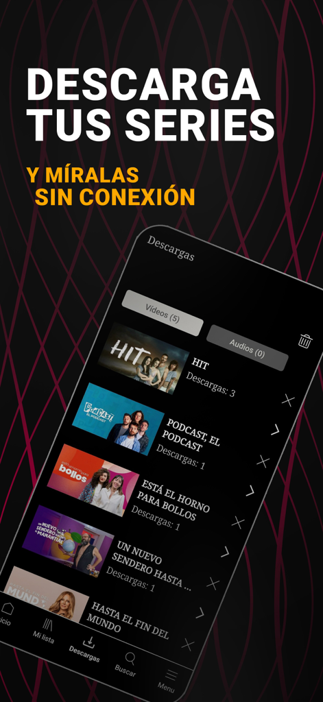 Écran de l'application RTVE Play montrant des séries téléchargées pour une visualisation hors ligne