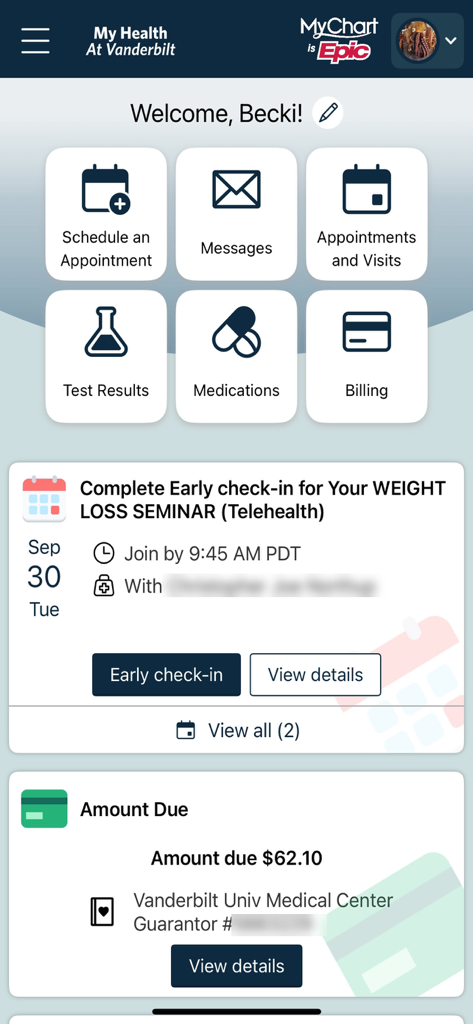 Home dashboard of the My Health at Vanderbilt patient portal app displaying icons for appointments, messages, test results, medications, and billing.