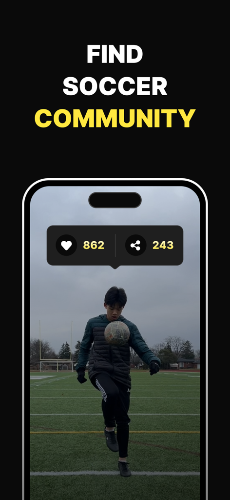 JuniStat - Smart Soccer Tests - JuniStat app interface showing a soccer player juggling with social media likes and shares.