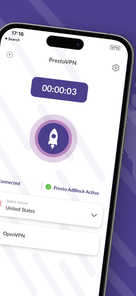 Presto VPNアプリのインターフェース。アメリカのサーバーに安全に接続されており、広告ブロッカーがアクティブな状態を示しています。