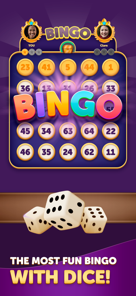 Bingo Dice game interface showing a bingo board with a winning bingo notification and dice at the bottom