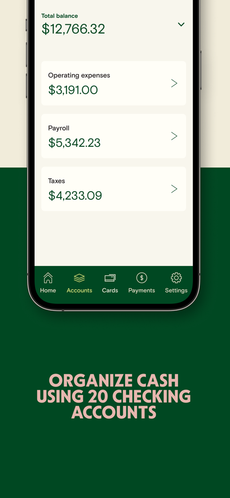 Relay business banking app screen showing separate accounts for operating expenses payroll and taxes