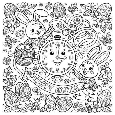 Experience a whimsical Easter like no other with this enchanting coloring page. Join two delightful bunnies and a friendly clock in a festive scene filled with decorated eggs and blooming spring flowers.