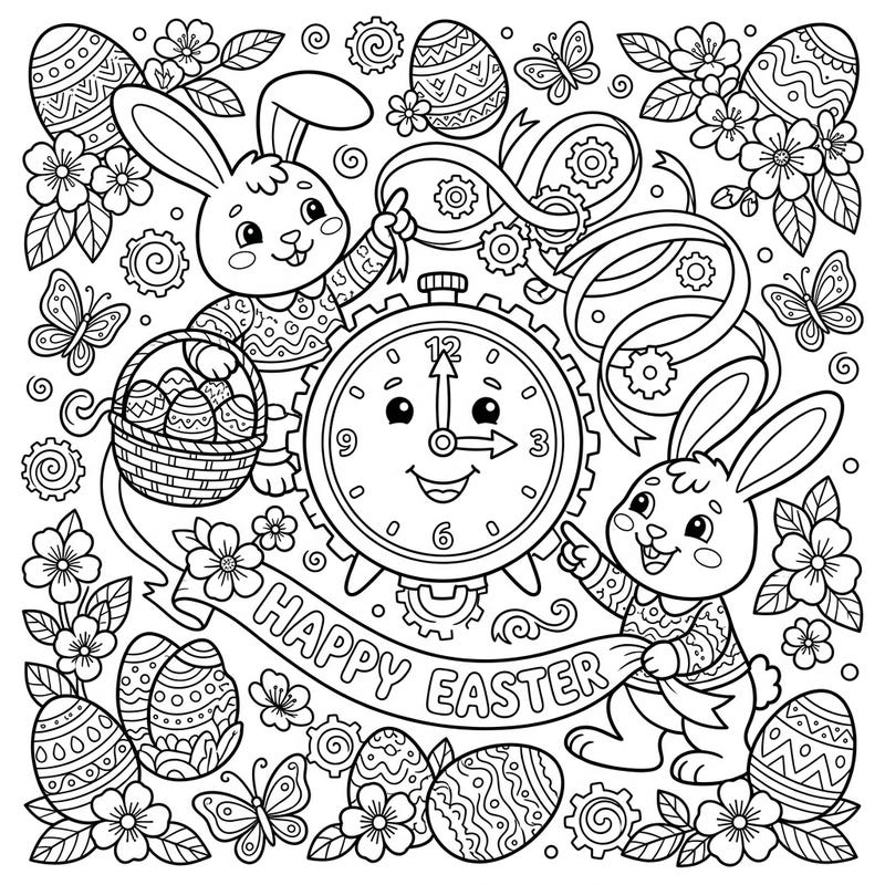Experience a whimsical Easter like no other with this enchanting coloring page. Join two delightful bunnies and a friendly clock in a festive scene filled with decorated eggs and blooming spring flowers.