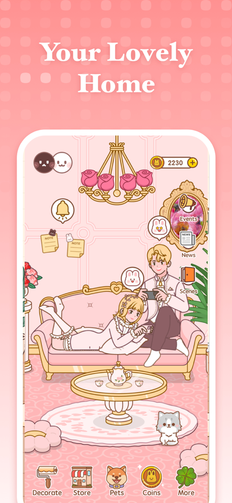 Love Days Counter - Love Home - Interface of the Love Home app showing a cartoon couple in a customizable pink virtual room with a pet cat.