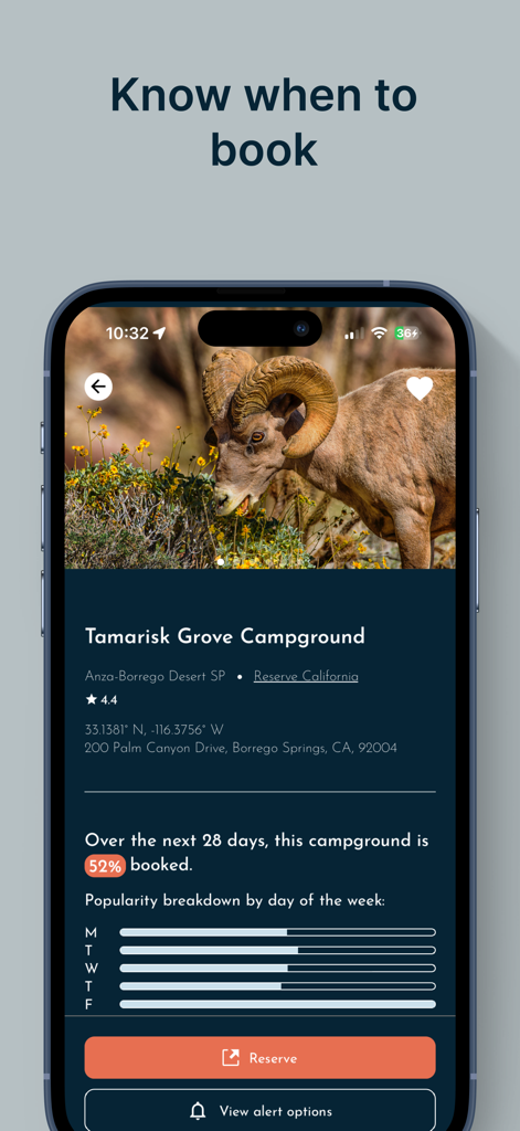 Campsite Tonight: Camping & RV - Campsite Tonight app showing campground booking insights and popularity breakdown