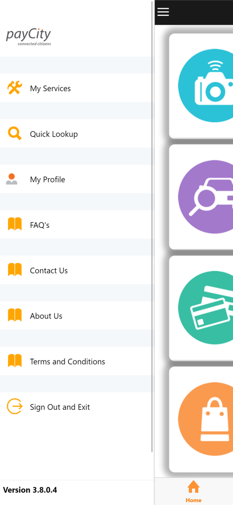 payCity - Seitenmenü der payCity Mobile App mit Navigationslinks für kommunale Dienste und Profilverwaltung.