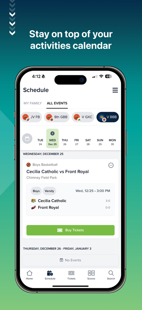 Bound Sports app interface showing a high school basketball game schedule with a button to buy tickets.