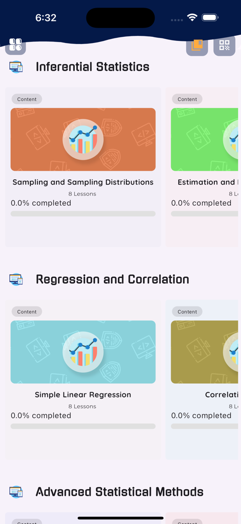 Learn Statistics [PRO] - Pantalla de selección de cursos en la aplicación Learn Statistics PRO con módulos para Estadística Inferencial y Regresión