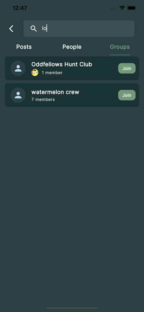CamoSpace - Search results screen in the CamoSpace app showing hunt club groups to join