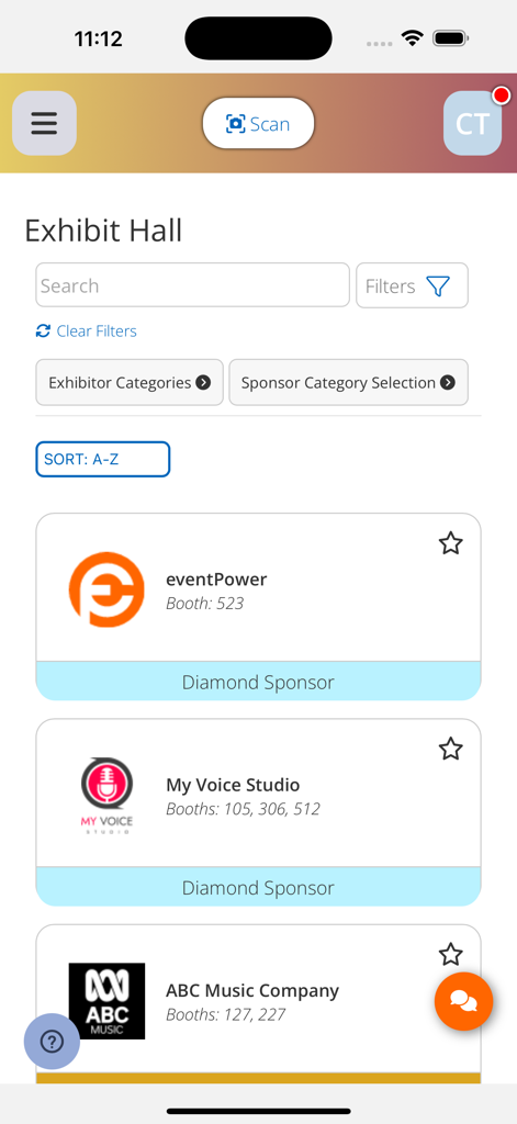 ShoApp - ShoApp mobile screen displaying the exhibit hall with a list of exhibitors and diamond sponsors