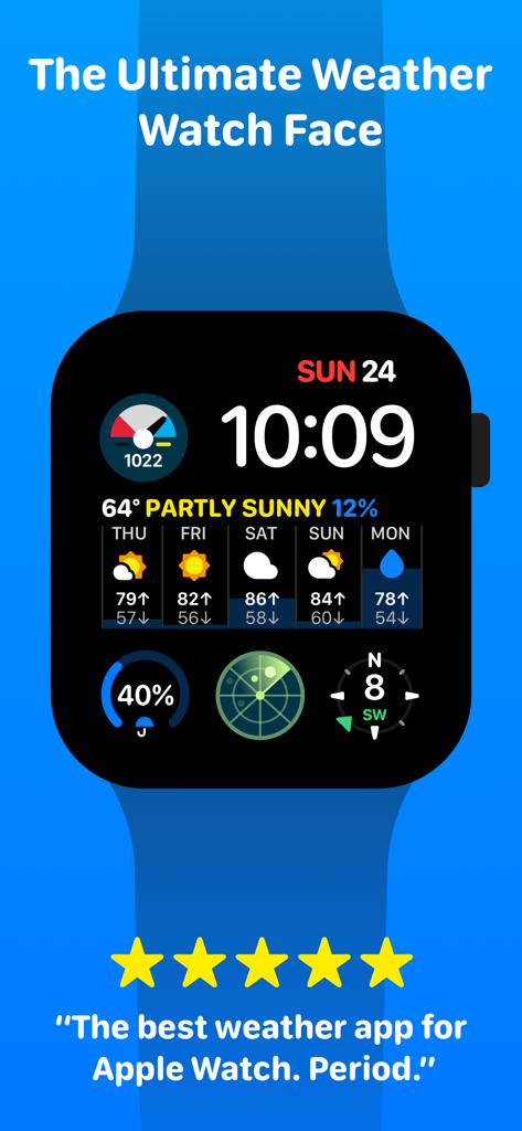 Apple Watch face showing CARROT Weather forecast and radar complications
